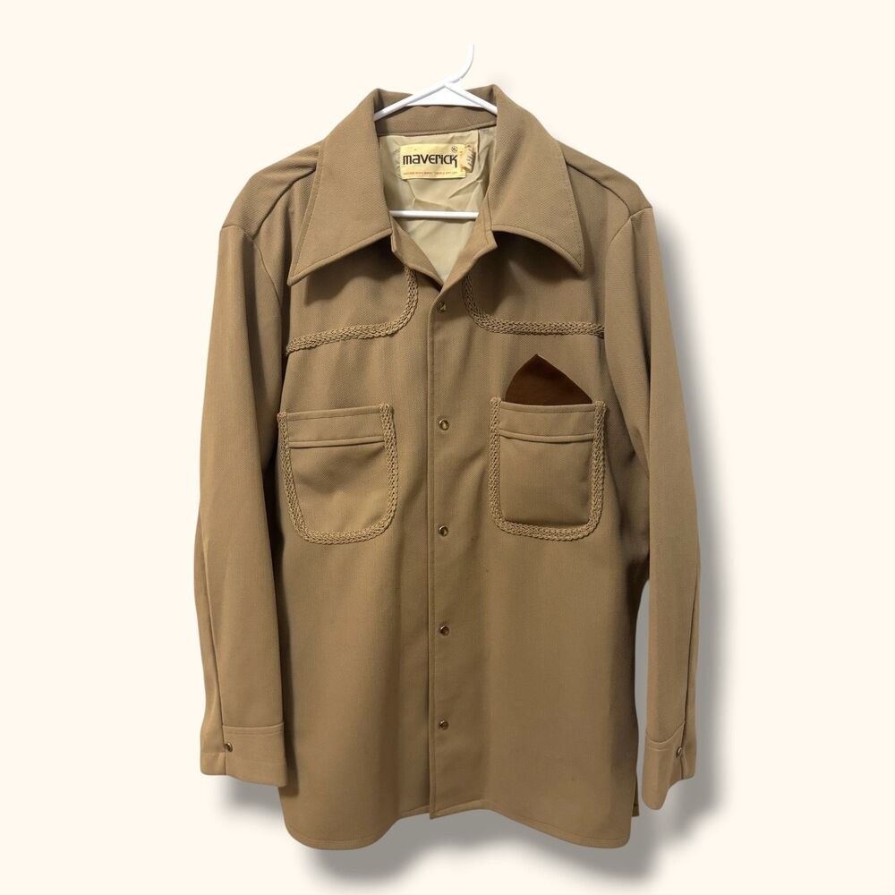 Maverick Shirt Jacket Mens XL Tan Braided Trim Snap Front Western Vintage Shirt